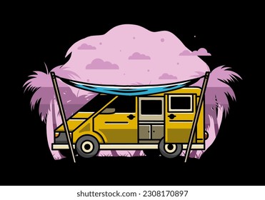 Illustration design of a camper van and flysheet