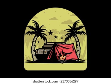 Illustration design of a Camping tent in front of car between coconut tree
