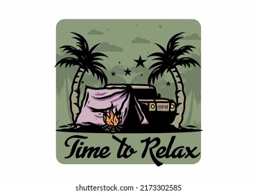 Illustration design of a Camping tent in front of car between coconut tree