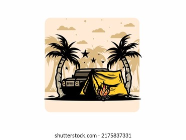 Illustration design of a Camping tent in front of car between coconut tree