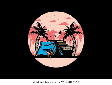 Illustration design of a Camping tent in front of car between coconut tree