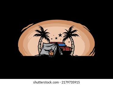 Illustration design of a Camping tent in front of car between coconut tree