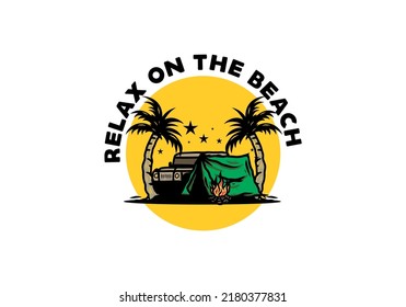 Illustration design of a Camping tent in front of car between coconut tree