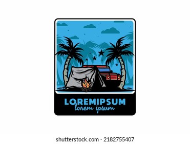 Illustration design of a Camping tent in front of car between coconut tree