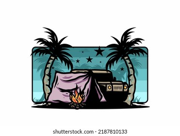 Illustration design of a Camping tent in front of car between coconut tree