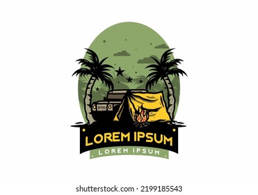 Illustration design of a Camping tent in front of car between coconut tree