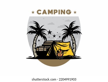 Illustration design of a Camping tent in front of car between coconut tree