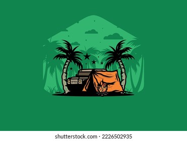 Illustration design of a Camping tent in front of car between coconut tree