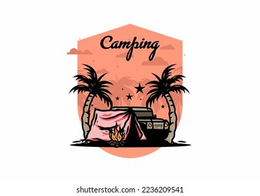 Illustration design of a Camping tent in front of car between coconut tree