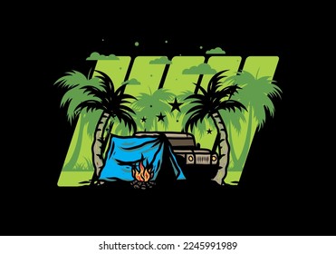 Illustration design of a Camping tent in front of car between coconut tree
