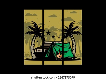 Ilustración de una carpa de camping frente al coche entre cocoteros