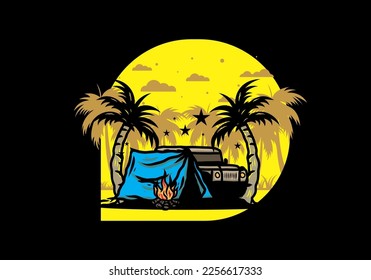 Illustration design of a Camping tent in front of car between coconut tree