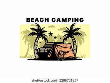 Illustration design of a Camping tent in front of car between coconut tree