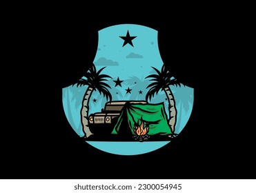 Illustration design of a Camping tent in front of car between coconut tree