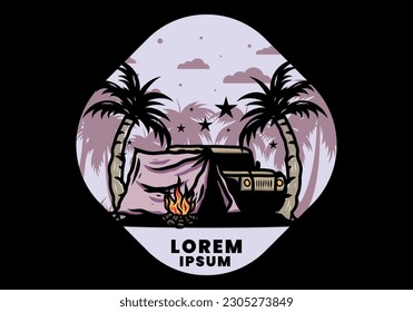 Illustration design of a Camping tent in front of car between coconut tree