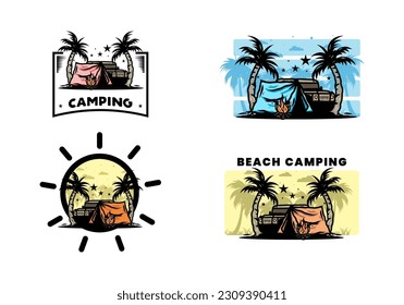 Illustration design of a Camping tent in front of car between coconut tree