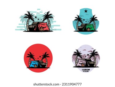 Illustration design of a Camping tent in front of car between coconut tree