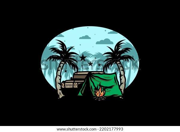 Illustration design of a Camping tent in front of\
car between coconut\
tree