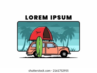 Illustration design of car with a roof tent and a surfboard on the side