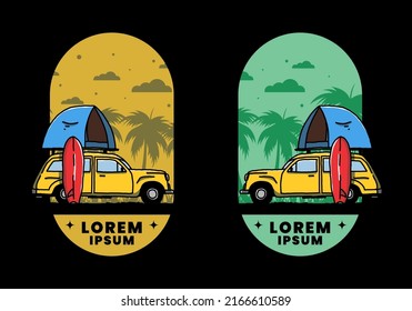 Illustration design of car with a roof tent and a surfboard on the side