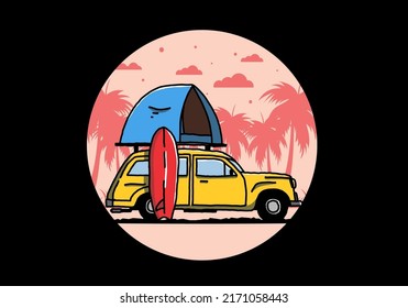 Illustration design of car with a roof tent and a surfboard on the side