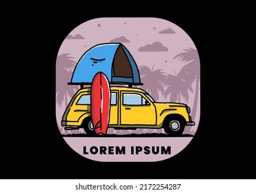 Illustration design of car with a roof tent and a surfboard on the side