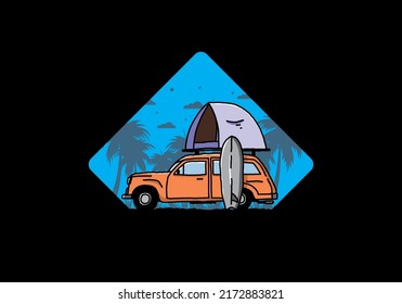 Illustration design of car with a roof tent and a surfboard on the side