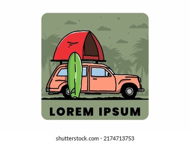 Illustration design of car with a roof tent and a surfboard on the side