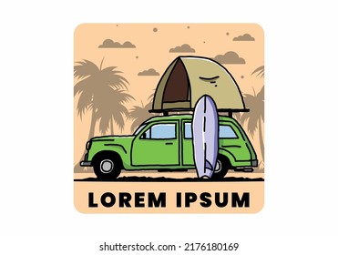 Illustration design of car with a roof tent and a surfboard on the side