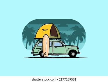 Illustration design of car with a roof tent and a surfboard on the side