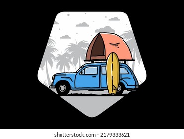 Illustration design of car with a roof tent and a surfboard on the side