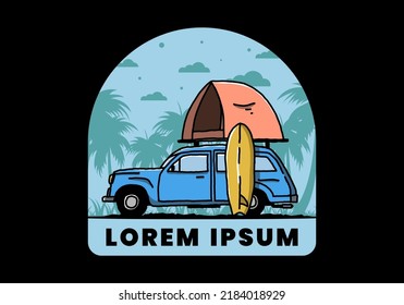 Illustration design of car with a roof tent and a surfboard on the side