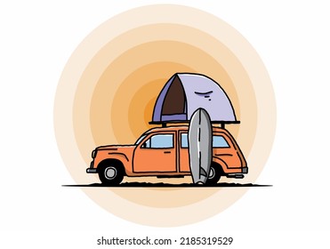 Illustration design of car with a roof tent and a surfboard on the side