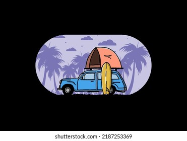 Illustration design of car with a roof tent and a surfboard on the side