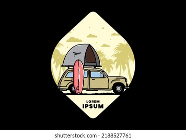 Illustration design of car with a roof tent and a surfboard on the side