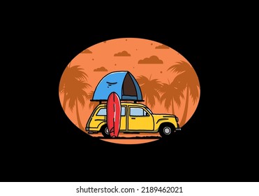 Illustration design of car with a roof tent and a surfboard on the side