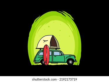 Illustration design of car with a roof tent and a surfboard on the side