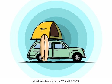 Illustration design of car with a roof tent and a surfboard on the side