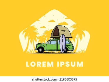 Illustration design of car with a roof tent and a surfboard on the side
