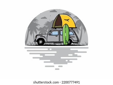 Illustration design of car with a roof tent and a surfboard on the side