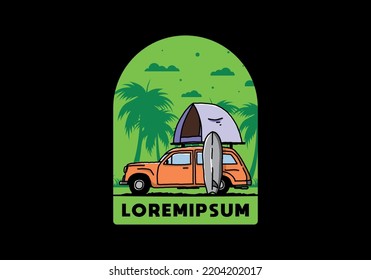 Illustration design of car with a roof tent and a surfboard on the side