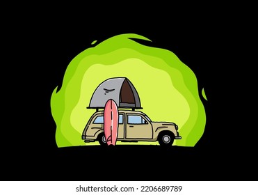 Illustration design of car with a roof tent and a surfboard on the side