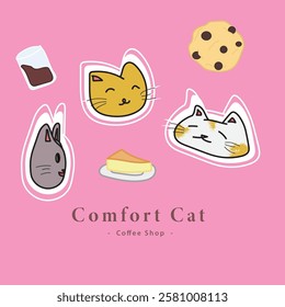 illustration design of a cat cafe with 3 cats and a delicious menu. kide for a cute cuking cafe or coffee shop