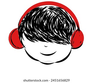 Illustration design of a character wearing a red headset with hair covering the eyes smiling lips