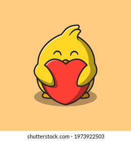 The illustration design of a chick holding red love. Isolated animal design. Suitable for landing pages, stickers, icons, logos, book covers etc.