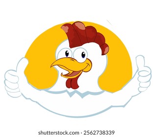 Illustration design of a chicken icon with a red cockscomb giving two thumbs up on a yellow background.