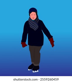 Illustration design of a child learning ice skating, wearing a protective helmet and scarf to protect against the cold, blue gradient background, isolated on a white background