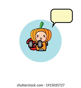Illustration design of a child wearing a pumpkin costume lifting a barbell