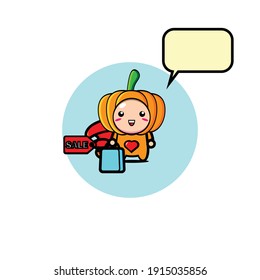 Illustration design of a child wearing a pumpkin costume carrying groceries