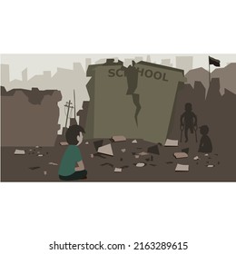 illustration design of children unable to go to school after the war. vector flat silhouette